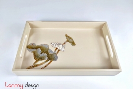 Cream rectangular lacquer tray with hand-painted lotus 19x30 cm
